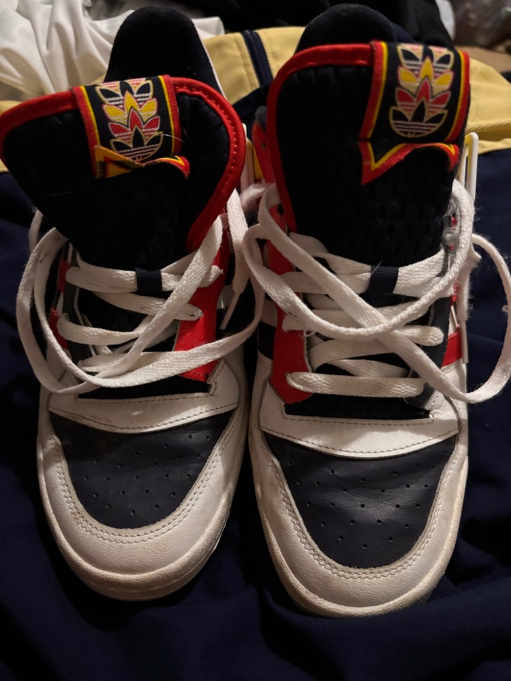 adidas High-Top Athletic Sneakers in Navy, White & Red with Yellow Trim